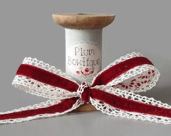 Deep Red Velvet Ribbon on Cream Cotton Lace, 25mm (1in) wide *Sold Per Metre*