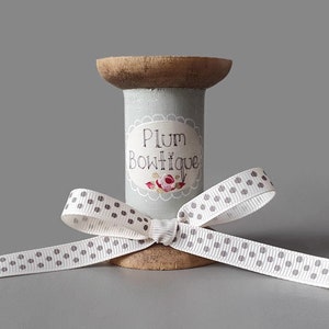 Ivoor met Grijze Polka Dot Print Grosgrain Lint, 10mm (3/8in) breed *Verkocht Per Meter*