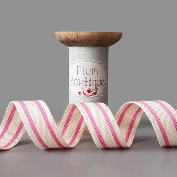 Candy Pink Ticking Stripe on Cream Ribbon, 15mm (9/16po) de large *Vendu par mètre*