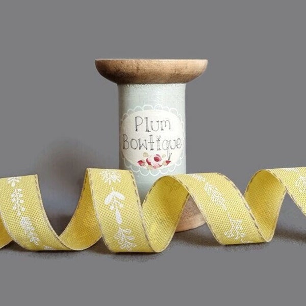 Sprigs & Twigs Print on Lemon Yellow Textured Ribbon, 15mm (9/16in) wide *Sold Per Metre*