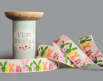 Bright Colour Bunny Rabbits on Cream Grosgrain Ribbon, 15mm (9/16in) wide *Per 1 Metre/39 inch*