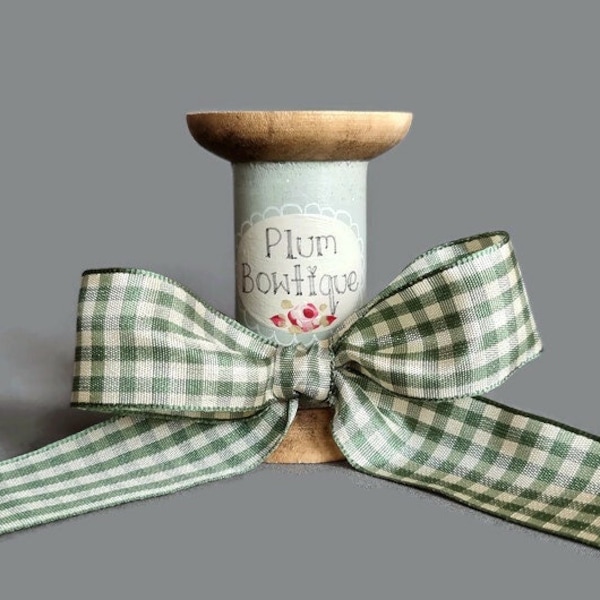 Laurel Green & Ivory Natural Gingham Ribbon, 25mm (1in) wide *Sold Per Metre*