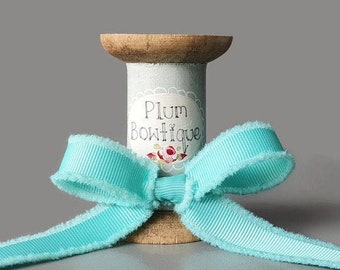 Duck Egg Grosgrain Ribbon with Frayed Edge, 16mm (5/8in) wide *Sold Per Metre*