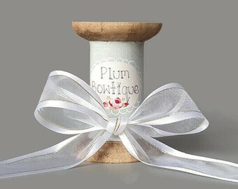 White Sheer Ribbon With Satin Edge and Metallic Gold Stripe, 23mm