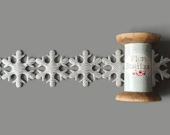 May include: A close-up of a white snowflake lace trim with a wooden spool. The spool has a light blue label with the text "Plum Boutique" and a floral design. The lace trim is made of a delicate, openwork design.