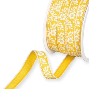 Witte bloesemprint op goudgeel lint met witte picotrand, 15 mm (9/16 in) breed *verkocht per meter*