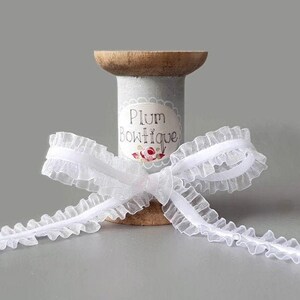 White *Elasticated* Velvet Ribbon with Sheer Ruffle Edge, 15mm (9/16in) wide *Sold Per Metre*