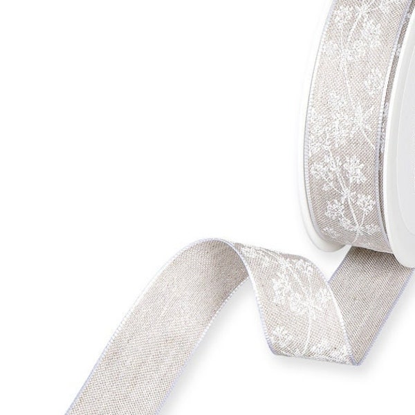 White Flower Tendrils Print on Natural Beige Linen-Blend Ribbon, Wired Edge, 25mm (1in) wide *Sold Per Metre*