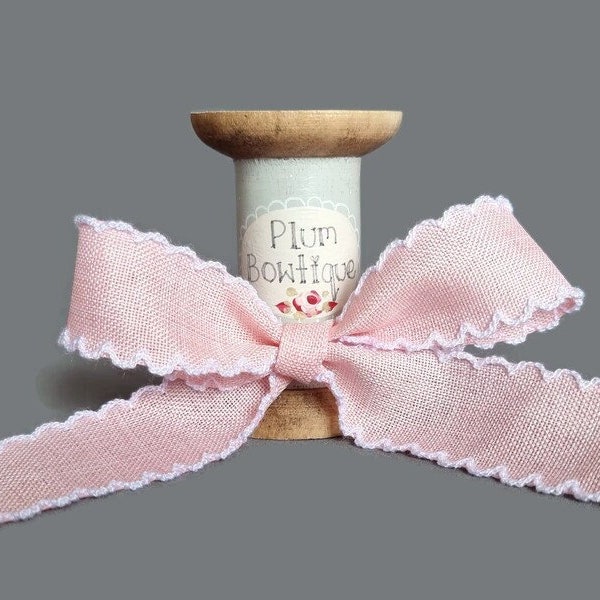 Light Pink Ribbon with White Lace Scalloped Edges, 25mm (1in) wide *Sold Per Metre*