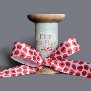 Red Poppies on White Satin Ribbon, 16mm (5/8in) wide *Sold Per Metre*