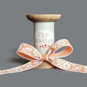 White Blossom Print on Apricot Ribbon with White Picot Edge, 15mm (9/16in) wide *Sold Per Metre*