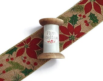 Poinsettia Flowers with Sprigs of Fir & Holly on Natural Burlap Ribbon with Wired Edge, 63mm wide *Sold Per Metre*