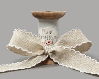 Natural Beige Ribbon with White Lace Scalloped Edge, 25mm (1in) wide *Per 1 Metre/39 inch OR FULL 10mtr ROLL*