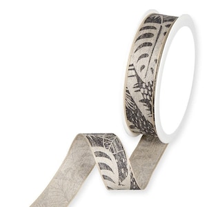 Black Jungle Leaves Lino Print on Natural Linen Ribbon, Wired Edge, 25mm (1in) wide *Sold Per Metre*