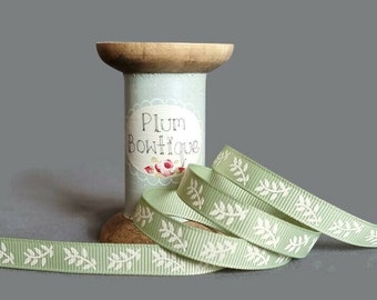 Fern Leaf Print on Sage Grosgrain Ribbon, 9mm (11/32in) wide *Sold Per Metre*