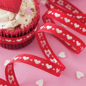 Red & White Woven Heart Ribbon, 10mm (3/8in) wide *Sold Per Metre*