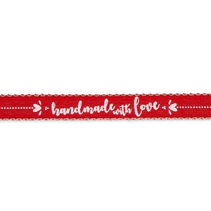 Hecho a mano con love script print en cinta roja texturizada, 15mm (9/16in) de ancho * Vendido por metro *