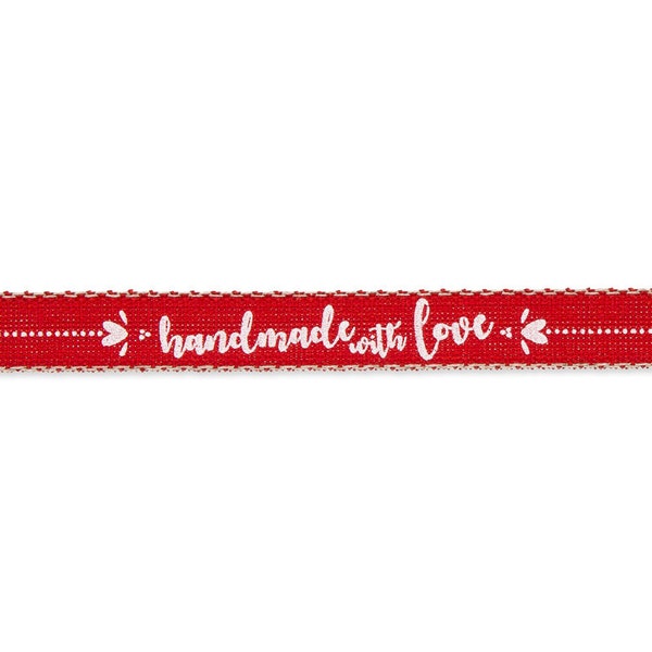 Handmade with Love Script Print on Red Textured Ribbon, 15mm (9/16in) wide *Sold Per Metre*