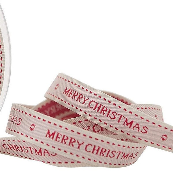 Woven "Merry Christmas" Beige Ribbon, 16mm (5/8in) wide *Sold Per Metre*