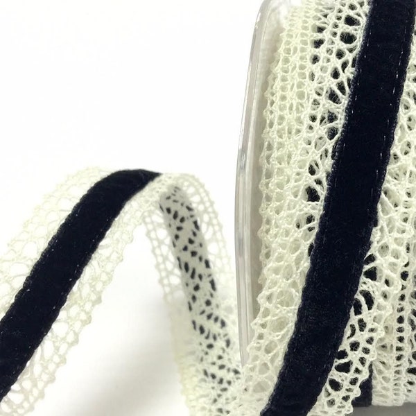 Black Velvet Ribbon on Cream Cotton Lace, 25mm (1in) wide *Sold Per Metre*
