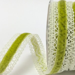 Pear Green Velvet Ribbon on Cream Cotton Lace, 25mm (1in) wide *Sold Per Metre*