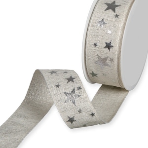 Silver Stars on White Textured Ribbon, 35mm (1 3/8in) wide *Sold Per Metre*