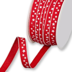 White Stars on Red Ribbon with White Picot Edge, 12mm (1/2in) wide *Sold Per Metre*