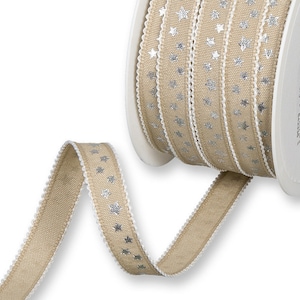 Silver Stars on Natural Beige Ribbon with White Picot Edge, 12mm (1/2in) wide *Sold Per Metre*