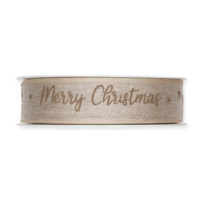 Sepia Gold &quot;Merry Christmas&quot; on Natural Linen Blend Ribbon, Wired Edge, 25mm (1in) wide *Sold Per Metre*