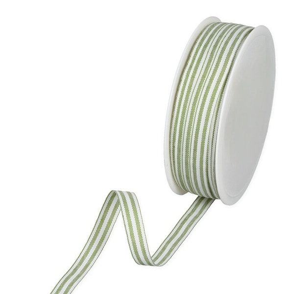 Moss Green Chambray Ticking Stripe Ribbon, 10mm (3/8in) wide *Sold Per Metre*