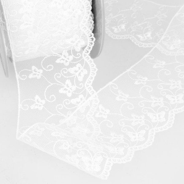 White Butterfly Embroidered Extra-wide Tulle Lace with Scalloped Edge, 68mm (2 11/16in) wide *Sold Per Metre*