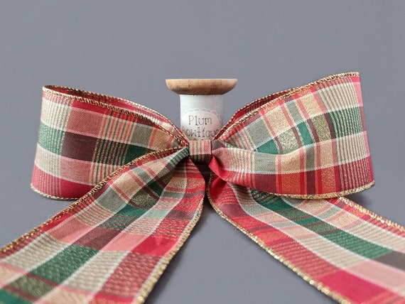 Decorative checkered ribbon - red, cream, gold - width 2.5 cm