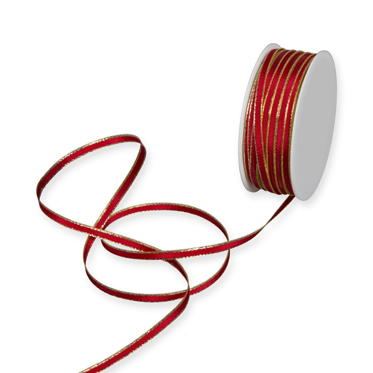 Burton & Burton #100 Red Wired Velvet Ribbon with Gold Edge and Gold Backing. 