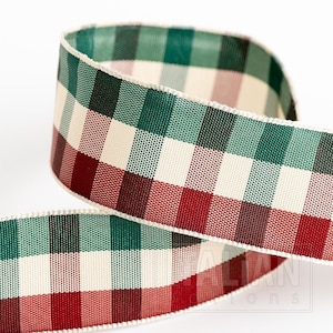 Burgundy, Green & Cream &quot;Vintage Christmas&quot; Plaid Tartan Ribbon, 25mm (1in) wide *Per 1 Metre/39 inch*