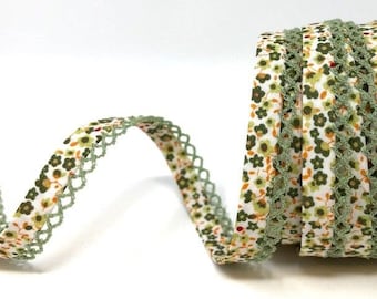Green Ditsy Floral Print Bias Binding with Sage Picot Lace Edge, Pre-folded 12mm (1/2in) wide *Sold Per Metre*