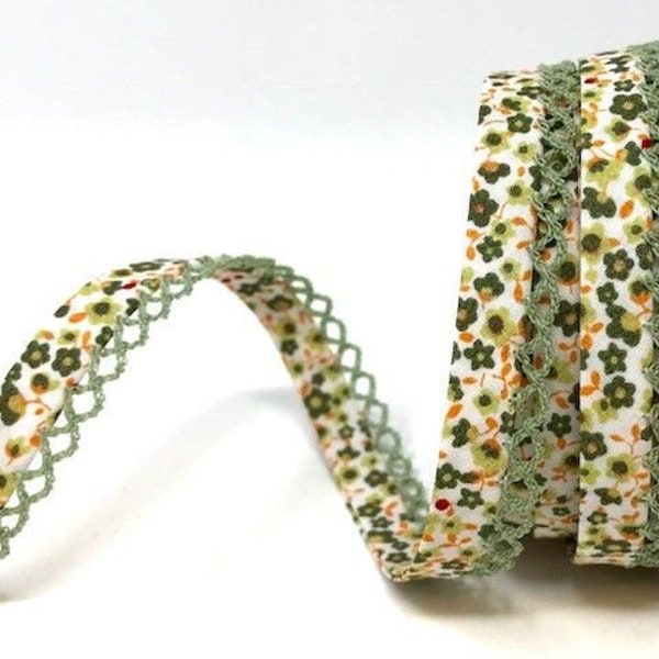 Green Ditsy Floral Print Bias Binding with Sage Picot Lace Edge, Pre-folded 12mm (1/2in) wide *Sold Per Metre*