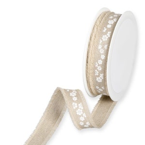 Estampado de flores blancas en cinta de mezcla de lino beige natural con borde con flecos, 25 mm (1 pulgada) de ancho *Vendido por metro*