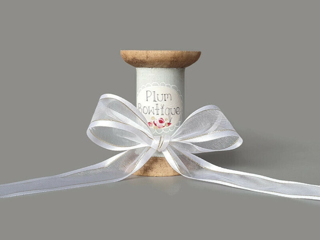 White Sheer Ribbon With Satin Edge and Metallic Gold Stripe, 23mm
