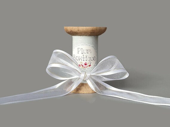 White Sheer Ribbon With Satin Edge and Metallic Gold Stripe, 23mm
