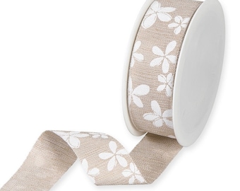 Blossom Print on Natural Beige Silky Textured Ribbon, 35mm (1 3/8in) wide *Sold Per Metre*