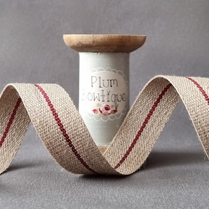 Burgundy &quot;Byron&quot; Stripe Natural Flax Linen Ribbon, 20mm (3/4in) wide *Per 1 Metre/39 inch*