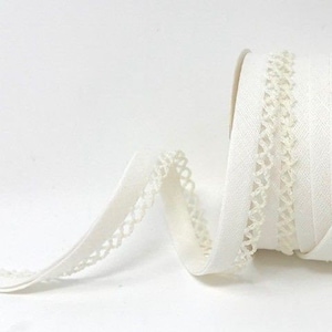 May include: White satin ribbon with a delicate white crochet trim. The ribbon is rolled up and a portion is unfurled, showing the detail of the trim.
