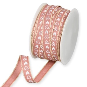 Witte rustieke harten op blush roze lint met crèmekleurige picotrand, 15 mm (9/16 in) breed *verkocht per meter*