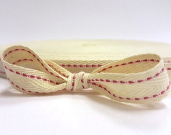 Fuchsia Pink Ticking Stitch on Cream Herringbone Twill Tape, 15mm (9/16in) wide *Sold Per Metre*