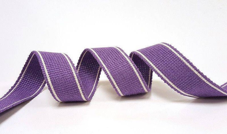 Lupin Purple with White Twin-Stripe Woven Cotton Blend Webbing, 34mm 1 11/32in wide Sold Per Metre image 1