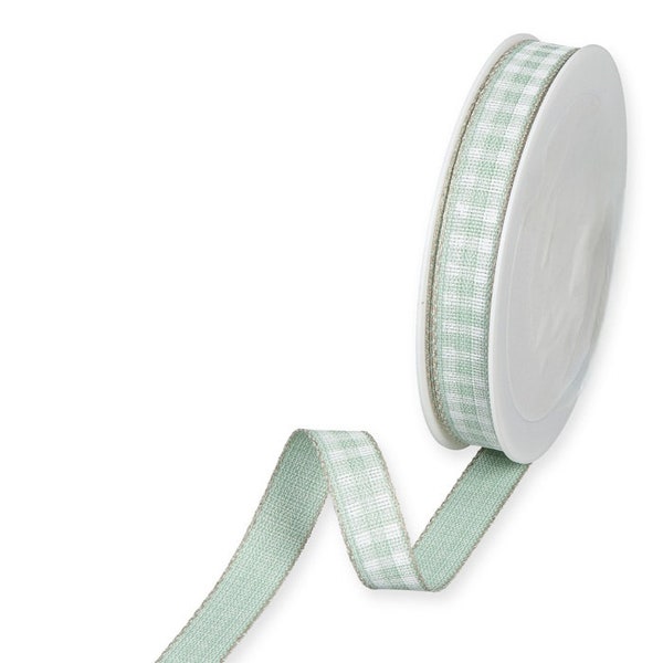 Tranquil Green Country Gingham Print on Linen-Blend Ribbon, 15mm (9/16in) wide *Sold Per Metre*
