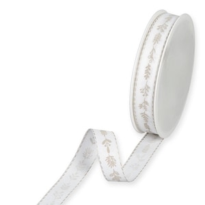 Sprigs & Twigs Print on White Textured Ribbon, 15mm (9/16in) wide *Sold Per Metre*