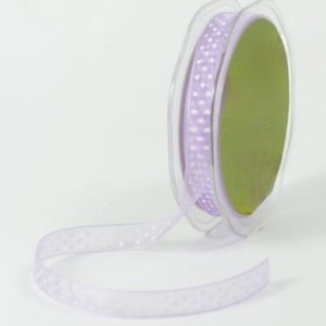 Impression à pois blanc sur ruban d’organza lilas transparent, 12mm (1/2in) de large *Vendu au mètre*