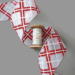 Red Glitter Plaid on White Sheer Ribbon with Silver Wired Edge, 63mm (2.5in) wide *Sold Per Metre*