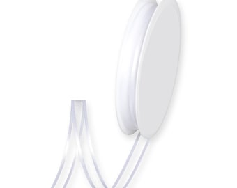 May include: A spool of white sheer ribbon. The ribbon is wound around a white plastic spool.